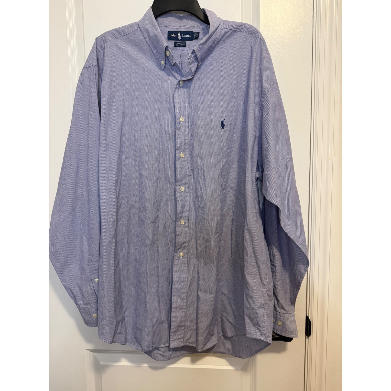 Ralph Lauren Button Down Mens 17.5 36/37 Blue Striped Excellent Yarmouth Cotton